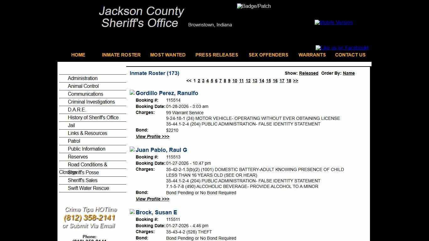 Inmate Roster - Current Inmates Booking Date Descending - Jackson County IN Sheriff
