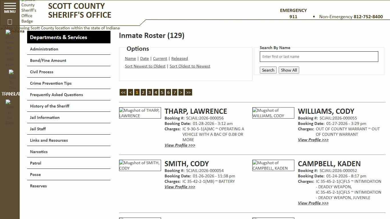 Inmate Roster - Current Inmates Booking Date Descending - Scott County Sheriff - Scottsburg, IN